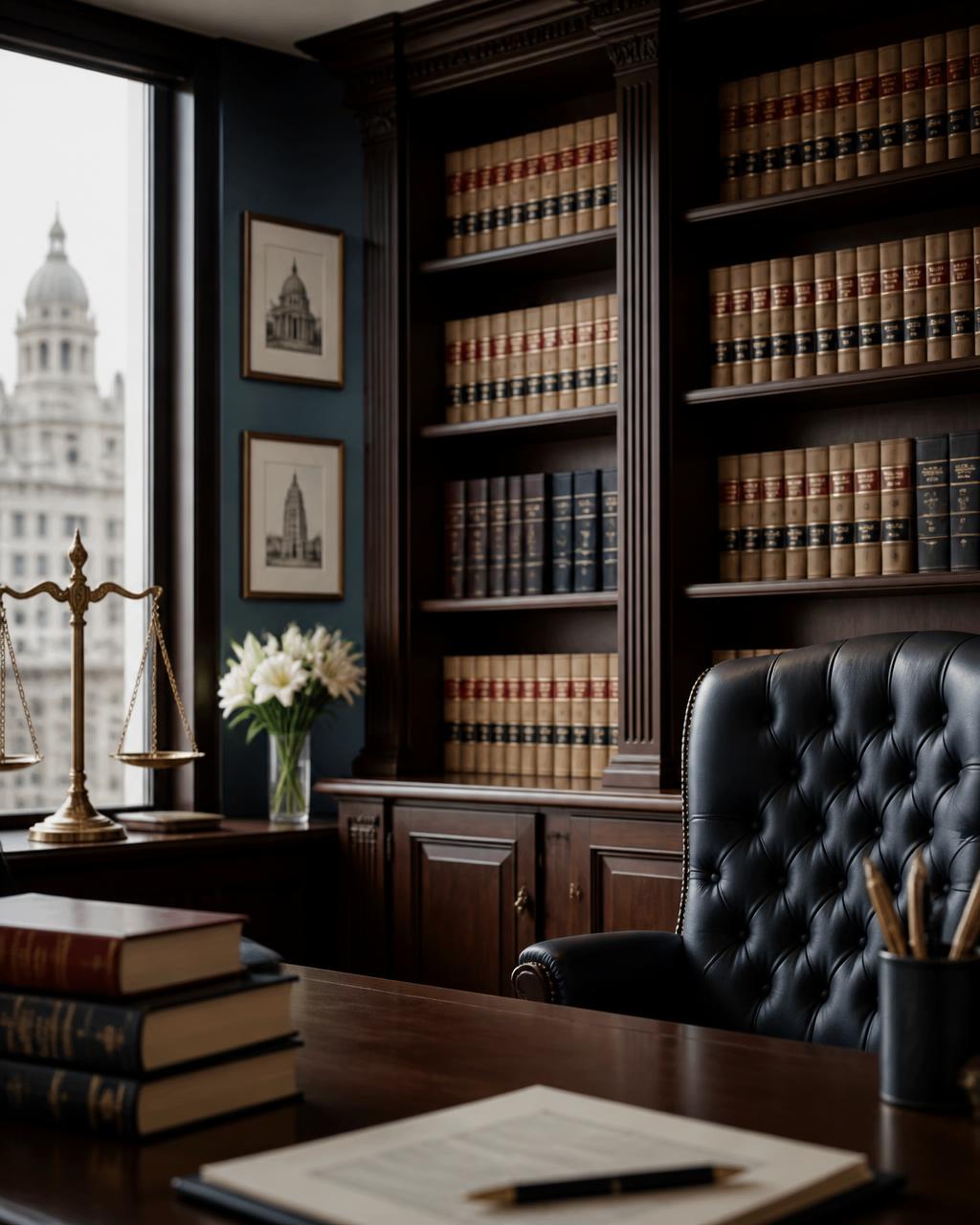 Chambers of Aendri Legal with law reports and a brass scale of justice